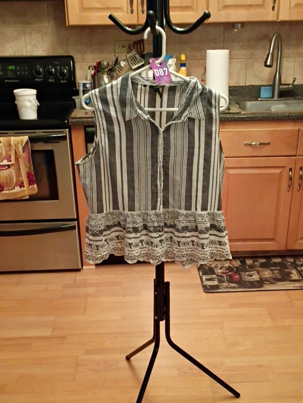 Buffalo David Bitton Black and White Striped Lace-Hem Sleeveless Top